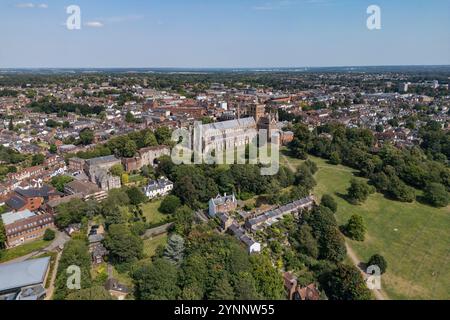 Aus der Vogelperspektive der St. Albans Cathedral, St. Albans, Großbritannien Stockfoto