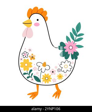 Süßes Hühnchen im skandinavischen Stil mit Blumen dekoriert. Ideal für Druck, Poster oder Schreibwaren. Niedliches Tiermuster. Stock Vektor