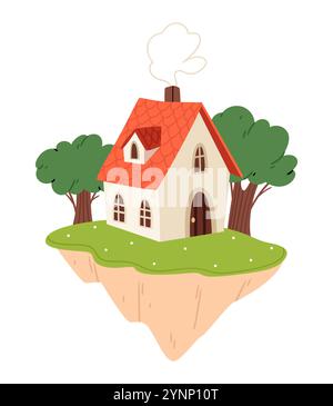 Ein niedliches Haus steht auf einer kleinen Insel mitten in den Wolken. Persönliche Insel. Stock Vektor