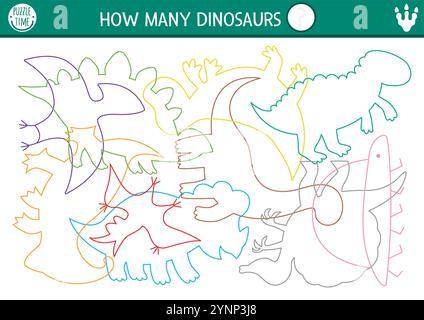 Dinosauriersuche, Formerkennung, mathematische Aktivität mit Tieren. Prähistorisches Puzzle mit farbigen T-rex-, Stegosaurier- und triceratops-Konturen. Wie viele Silh Stock Vektor