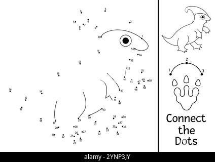 Vektorschwarz und weiß Punkt-zu-Punkt- und Farbaktivität mit Parasaurolophus. Dinosaurier verbinden die Punkte Spiel, Ausmalseite. Was den Punkt verbindet, kann gedruckt werden Stock Vektor