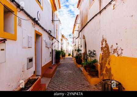 Traditionelle portugiesische Häuser und Kopfsteinpflasterstraße. Elvas, Alentejo, Portugal, Europa Stockfoto