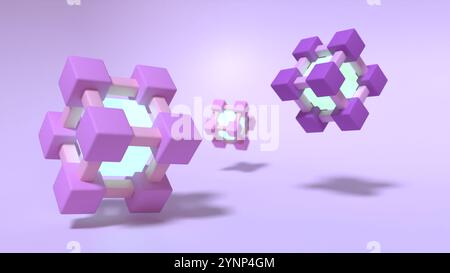 3D-Rendering von drei Würfelformen, die aus verbundenen Würfeln bestehen. Lila mit leuchtendem Grün Stockfoto