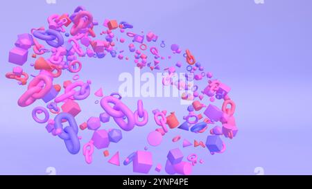 3D-Darstellung der Torusform aus vielen verschiedenen bunten Formen mit violettem Hintergrund Stockfoto