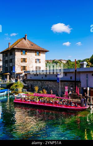 Ausflugsboot, für Touristen, dockt neben Schloss Wörth. Der Rheinfall ist ein Wasserfall in der Schweiz und der mächtigste Wasserfall Europas. Die Stockfoto