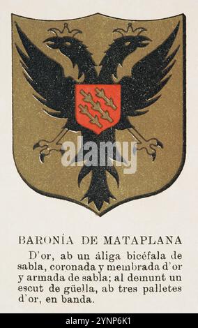 Baronien von Katalonien. Baronie Mataplana (Baronia de Mataplana), ca. 1350. Wappen. "Història de Catalunya" (Geschichte Kataloniens), von Antoni Aulèstia i Pijoan (1894-1918), kommentiert und fortgesetzt von Ernest Moliné i Brasés (1868-1940). Veröffentlicht in Barcelona, Centre Editorial Artístic de Miquel Seguí, 1922. Volumen I.. Stockfoto