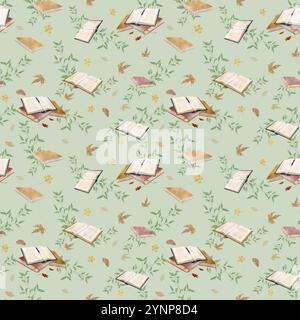 Stapel Bücher und offene Bücher, Herbstlaub daneben in nahtlosem Muster. Digitale Illustration mit Aquarell. Anmutige Zweige mit grünen Blättern, Stockfoto