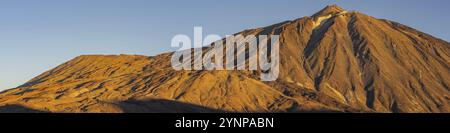 Panorama während des Aufstiegs zum Alto de Guajara, 2715 m, über den Teide Nationalpark, Parque Nacional del Teide, zum Pico del Teide, 3715 m, bei Sonnenaufgang, T Stockfoto