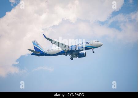 21.10.2024, Singapur, Republik Singapur, Asien - ein Passagierflugzeug der Indigo Airines vom Typ Airbus A320 Neo mit der Registrierung VT-IXA im Landeanflug auf den internationalen Flughafen Changi. Indigo ist eine indische Billigfluggesellschaft mit Sitz in Neu-Delhi. *** 21 10 2024, Singapur, Republik Singapur, Asien an Indigo Airines Airbus A320 Neo Passagierflugzeug VT IXA bei Anflug auf den internationalen Flughafen Changi Indigo ist eine indische Billigfluggesellschaft mit Sitz in Neu-Delhi Stockfoto