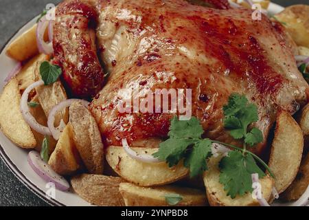 Gebratenes, gebackenes Huhn, im Ofen, mit Gewürzen und rustikalen Kartoffeln, Blick von oben, hausgemacht Stockfoto