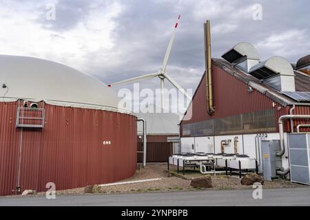 Biogasanlage erzeugt Gas aus verschiedenen Biomassen, Strom wird in Blockheizkraftwerken erzeugt, wobei das Biogas erzeugt und an Compan verkauft wird Stockfoto