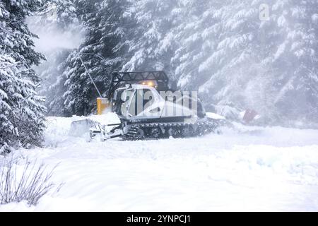 Bansko, Bulgarien, 21. Januar 2024: Schneeräumer Schneekatzen-Ratrack-Maschine zur Vorbereitung der Skipiste für den alpinen Skisport, Winterresort, Europa Stockfoto