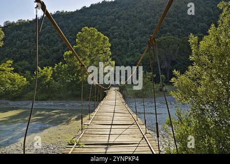 Eine zufällig alte Brücke über den Osumi Fluss. Es sah nicht sicher aus, ihn zu überqueren Stockfoto