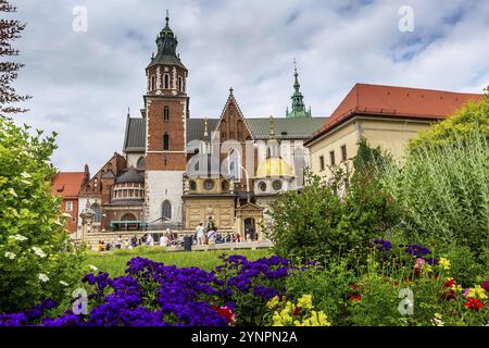 Krakau, Polen - 18. Juni 2019: Königsschloss Wawel bunte Postkarte Ansicht gegen Blumen und grüne Bäume im Garten Stockfoto