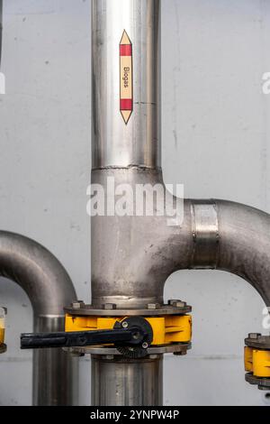 Pipelines, eine Biogasanlage, das Gas wird aus verschiedener Biomasse erzeugt, der Strom wird in Blockheizkraftwerken mit dem Biogas PR erzeugt Stockfoto