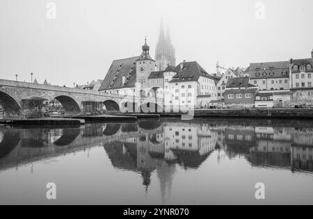 Stadt Regensburg in Bayern/Deutschland mit dem Dom St. Peter an der Donau an einem nebeligen Tag Stockfoto