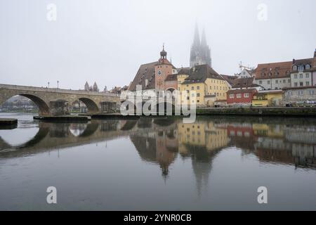 Stadt Regensburg in Bayern/Deutschland mit dem Dom St. Peter an der Donau an einem nebeligen Tag Stockfoto