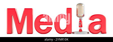 Medienrote Aufschrift mit Mikrofon-Retro. 3D-Rendering isoliert auf weißem Hintergrund Stockfoto