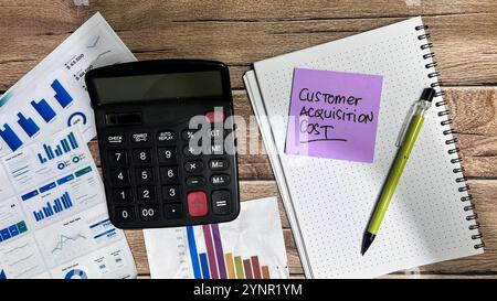 Konzept der Kundenanschaffungskosten Schreiben Sie auf Haftnotizen, die auf Holztisch isoliert sind. Stockfoto