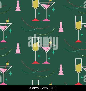 Geschenkverpackung mit Neujahrsmuster. Weihnachtsgläser und -Bäume mit grünem und rosafarbenem Hintergrund. Stock Vektor