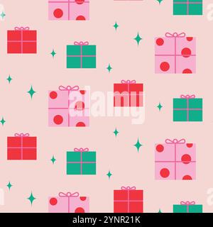 Geschenkverpackung mit Neujahrsmuster. Weihnachtsgeschenk-Boxen Dekorationen grün und rosa auf beigefarbenem hellem Hintergrund. Stock Vektor