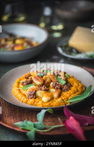 Eine Beilage von einem Teller Gnocchi und Wurst mit Salbei auf einer Kürbissoße. Zwei Gläser Weißwein im Hintergrund in einem rustikalen Herbst Stockfoto