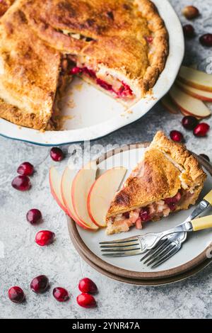 Ein frisch gebackener Apfel-Preiselbeerkuchen sitzt in einer weißen Tortenform mit einem Stück Kuchen auf einem Teller daneben. Der Kuchen hat eine goldbraune Kruste und eine süße, Stockfoto