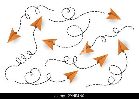 Vector 3D Realistic Orange Paper Planes Collection. Symbolgruppe „Papierebene“. Fliegendes Papierflugzeug mit gepunktetem Luftweg. Grünpapierebenen mit Punkten Stock Vektor