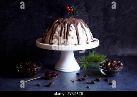 Eiscreme Pflaumenpudding auf dunklem Hintergrund. Stockfoto