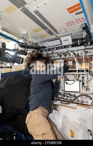 Internationale Raumstation, Erdumlaufbahn. November 2024. Der NASA-Astronaut und Expeditionskommandeur 72 Suni Williams weist auf den Advanced Space Experiment Processor-4 hin, einen Beispielprozessor, der Forschungsarbeiten an der Raumfrachtrakete Northrop Grumman Cygnus durchführen kann, die am 7. November 2024 auf der Internationalen Raumstation in der Erdumlaufbahn durchgeführt werden. Quelle: Astronaut bereitgestellt/NASA/Alamy Live News Stockfoto