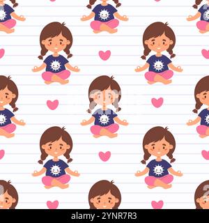 Nahtloses Muster mit niedlichem lächelndem Mädchen mit Zöpfen, die in Asana auf weißem gestreiftem Hintergrund mit rosa Herzen meditieren. Vektorillustra Stock Vektor