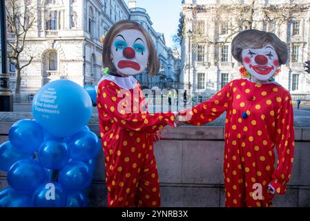 Elizabeth Truss maskierte Aktivistin (links) und Theresa May maskierte Aktivistin (rechts) schütteln draußen in der Downing Street in London die Hand. PETA-Aktivisten (People for the Ethical Treatment for Animals) sind als Clowns gekleidet und trugen die letzten sieben britischen Premierminister-Masken (Gordon Brown, David Cameron, Theresa May, Boris Johnson, Elizabeth Truss, Rishi Sunak und Tony Blair). Aktivisten rufen Keir Starmer und die Labour-Regierung auf, ihr Wahlversprechen zu erfüllen, die Tierversuche zu reduzieren oder gar zu stoppen. (Foto: Krisztian Elek/SOPA Images/SIPA USA) Stockfoto