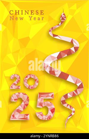 2025 Chinesisches Neujahrsfest mit niedriger Polystruktur auf gelbem Hintergrund. Jahr der Schlange. Vektor geometrische Triagles modernes Kunstdesign für Cover, Karte, Poster, Stock Vektor