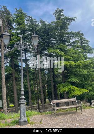 Triest, Italien - 27. Juni 2024: Bank und Vintage-Laterne im Remembrance Park Stockfoto