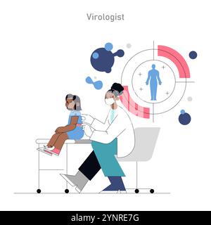 Pädiatrisches Arztterminkonzept. Ein Kind, das einen Impfstoff von einem medizinischen Fachpersonal mit Virusgrafiken erhält. Kinderimpfung und Virusprophylaxe. Vektorabbildung. Stock Vektor