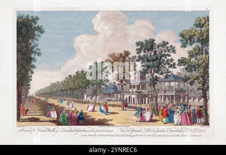 Ein gedruckter Farbstich eines Anblicks auf den Grand Walk in den Vauxhall Gardens London im Jahr 1751, Herausgeber Robert Sayer und Henry Overton nach der Skyline von Canaletto aus dem 18. Jahrhundert, eine historische Perspektive, die Aquarellfarbe mit alten antiken Drucken graviert Stockfoto