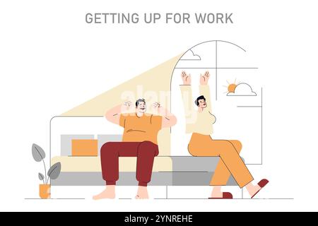 Morgenroutinemäßiges Konzept. Abbildung eines Paares, das aufwacht und sich im Bett dehnt und sich auf den anstehenden Arbeitstag vorbereitet. Vektorabbildung. Stock Vektor