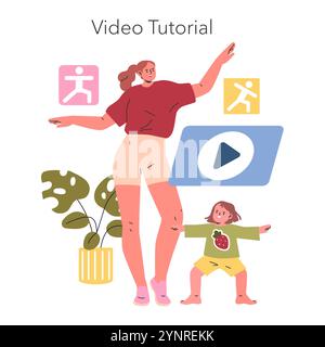 Interaktive Illustration des Tanzunterrichts. Eine fröhliche Mutter und ein Kind folgen den Bewegungen eines Online-Video-Tutorials zu Hause. Ansprechendes Konzept für Familienaktivitäten. Vektorabbildung. Stock Vektor