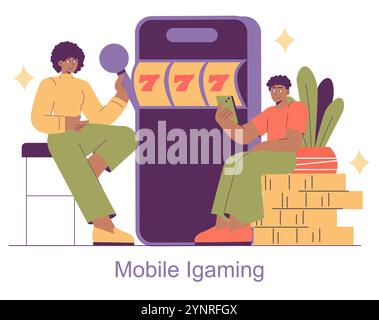 Mobiles iGaming-Konzept. Zwei Charaktere, die mit Online-Slot-Spielen auf digitalen Geräten interagieren. Zwangloses Casino-Erlebnis zu Hause. Vektorabbildung. Stock Vektor