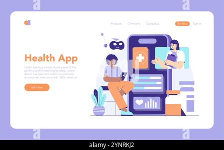 Healthtech-Konzept. Ein Benutzer interagiert mit einem Mediziner über eine Gesundheits-App und hebt Innovationen im digitalen Gesundheitswesen hervor. Vektorabbildung. Stock Vektor