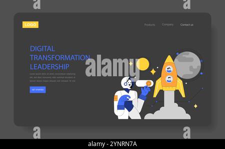 Digital Transformation Leadership Concept. Illustration eines Astronauten, der mit einer Rakete interagiert, was den technologischen Fortschritt symbolisiert. Vektorabbildung. Stock Vektor