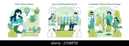 Green Infrastructure Set. Städtische Gartenarbeit, umweltfreundliche Stadtplanung und Engagement in der Gemeinde. Grünflächen, nachhaltiges Wohnen und lokale Ökosysteme. Vektorabbildung. Stock Vektor