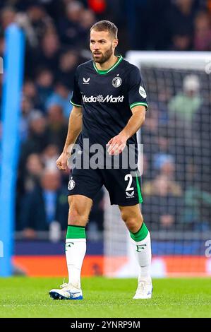 Manchester, Großbritannien. November 2024. Bart Nieuwkoop aus Feyenoord während des Stadionspiels Manchester City FC gegen Feyenoord UEFA Champions League Runde 1 im Etihad Stadium, Manchester, England, Großbritannien am 26. November 2024 Credit: Every Second Media/Alamy Live News Stockfoto