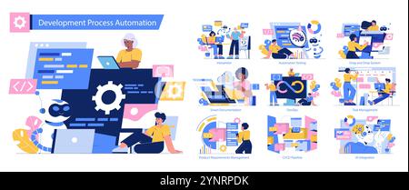 Automatisierung von Entwicklungsprozessen. Verschiedene Phasen der Softwareerstellung werden von Profis und KI vorgestellt. Programmier-, Test- und Bereitstellungsaktivitäten. Vektorabbildung. Stock Vektor