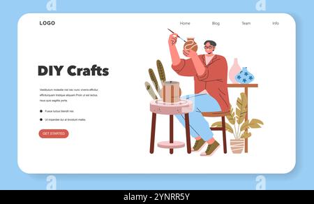 Millennial Hobbys Konzept. Eine Person genießt die Töpfermalerei, umgeben von heimischen Pflanzen, die den Trend des selbstgebauten Handwerks aufgreift. Eine gemütliche, kreative Szene, die einen modernen Zeitvertreib widerspiegelt. Vektorabbildung. Stock Vektor