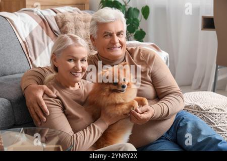 Glückliches Seniorenpaar mit süßem Pommerschen Hund zu Hause Stockfoto