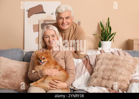 Glückliches Seniorenpaar mit süßem Pommerschen Hund zu Hause Stockfoto