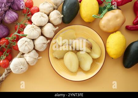 Eine schöne Anordnung von frischem Gemüse und Obst auf einem hellen gelben Hintergrund Stockfoto