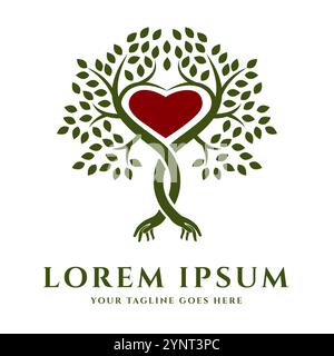 Baum mit Herzsymbol in der Mitte ist geeignet für umweltfreundliche Unternehmen, humanitäre Organisationen oder Unternehmen, die sich auf Naturschutz konzentrieren Stock Vektor