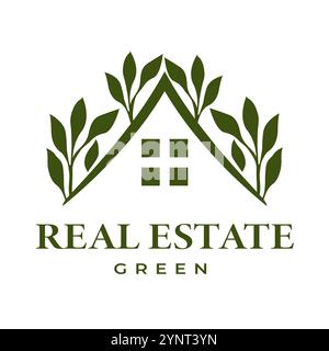 Real Estate Logo mit minimalistischem Design, das House- und Green Leaf-Elemente kombiniert, geeignet für das Branding in Immobiliengeschäften, umweltfreundliches Gehäuse Stock Vektor